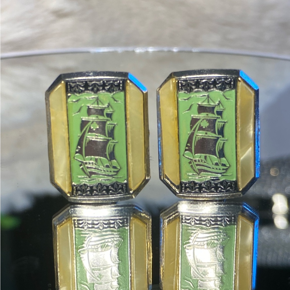Vintage West Germany Lime Green Enamel Ship Earrings with Mother of Pearl
